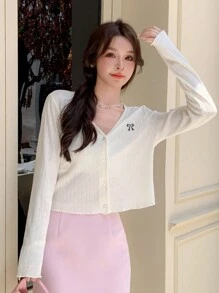 DAZY Camiseta de manga larga con cuello en V, suelta, con lazo y bordado, ropa de otoño - Beis - Ver 8