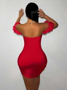 VaVaBold 女士夏季性感露肩裹身修身迷你连衣裙，适合新年穿着 - 紅色 - 查看 2