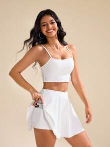 CourtClass CourtClass Women's Solid Color White Minimalist Casual Sports Crop Cami Top & Tennis Skort Set - White - View 4