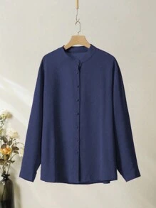 Lacomfia 2 件大码纯色前扣长袖上衣和裤子套装 - 藏蓝色 - 查看 4