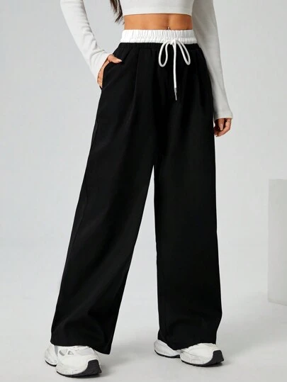 SHEIN PETITE Woven Contrast Waistband Tailored Trousers