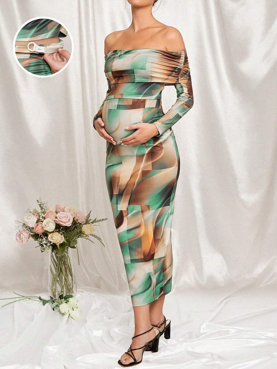 MaterniChic Bộ váy dài tay trễ vai và váy bodycon dành cho bà bầu, dây thắt lưng co giãn có thể điều chỉnh - Nhiều màu - Xem 1