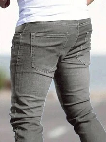 Manfinity Homme Men's Ripped Slim Fit Casual Jeans, Men Distressed Skinny Jeans, Grey Skinny Jeans Men, Men Skinny Jeans - Light Grey - View 5