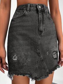 EURMUSE Ripped Raw Hem Denim Skirt - Grey - View 6