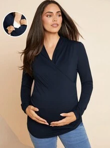 MaterniWear Maternity Plain Long Sleeve Simple Crossover Nursing Top - Navy Blue - View 1