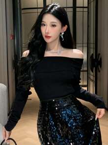 DAZY 女式露肩长袖修身休闲套头衫，秋冬 - 黑色 - 查看 9