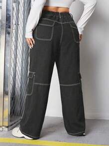 SHEIN ICON 大码拼色明线工装牛仔裤 - 深灰色 - 查看 2