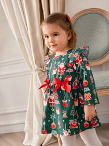 SHEIN Vestido de fiesta para niña con estampado de árbol de Navidad, campana y lazo, ideal para las fiestas. - Verde - Ver 4