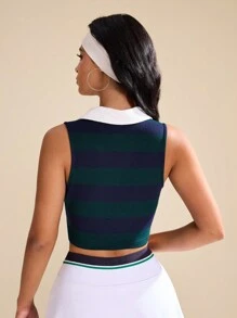 Easithlete 女士夏季撞色条纹短款网球高尔夫运动背心 - 綠色 - 查看 3