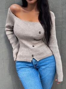 Chiquease Asymmetrical Shoulder Knitted Casual Long Sleeve Sweater, Fall Winter - Camel - View 6