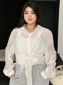 Dazy Petite Plus 加大码纯色宽松翻领长袖领带衬衫透视秋季女装 - 白色 - 查看 7
