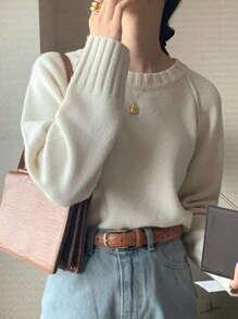 DAZY 女式圆领纯色长袖毛衣秋季 - 白色 - 查看 10