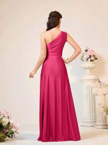 SHEIN Belle 女士浪漫优雅绿色弹力针织面料单肩扭纹宽松 A 字型伴娘礼服 - 玫紅色 - 查看 2