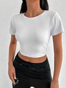 EURMUSE 3pcs/Set Women's Simple Round Neck Solid Color Cropped Short Sleeve T-Shirt (White+Black+Army Green) - MultiWarna - View 5