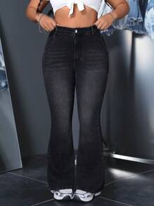 SHEIN ICON Plus Size Women's Stretchy Slim Fit Washed Flared Jeans - Black - View 1