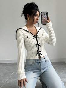 SHEIN Unity Contrast Trim Sailor Collar Bow Front Crop Cardigan - Beige - View 3