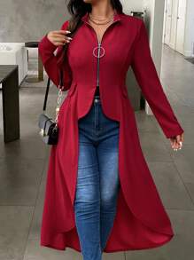 SHEIN Clasi 大码圆领长袖拉链开衩设计优雅外套