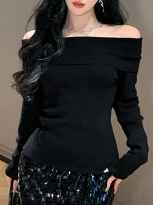 DAZY 女式露肩长袖修身休闲套头衫，秋冬 - 黑色 - 查看 8