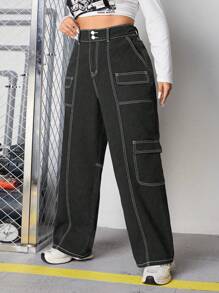 SHEIN ICON 大码拼色明线工装牛仔裤 - 深灰色 - 查看 3