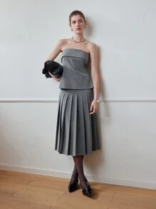 MOTF STUDIO SOLID ELASTIC WAIST PLEATED SKIRT - Grey - View 8