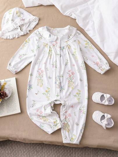 SHEIN 男女宝宝针织碎花连体衣，配帽子，长袖，宽松舒适，适合户外活动、度假、婚礼、生日派对等场合。