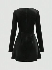 SHEIN Unity Women Crew Neck Long Sleeve Short Knit Dress - Black - View 2