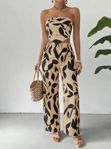 Chiquease 2 件套：全印花不对称下摆抹胸上衣和休闲裤，度假装 - 彩色 - 查看 4