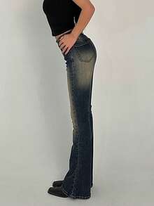 女士复古做旧弹力修身喇叭牛仔裤，休闲春季款 - 藏蓝色 - 查看 4