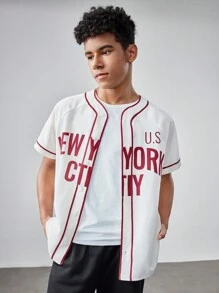 SHEIN Teenager Jungen lässiges Kurzarm T-Shirt mit Webmuster Beschriftung und Baseball Kragen, locker geschnitten