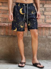 Surfspeed Men's Drawstring Moon, Sun, Star Print Fashionable Casual Beach Shorts - Multicolor - View 3