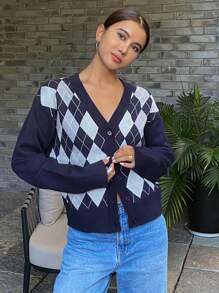 DAZY Áo khoác cardigan nữ tay dài cổ chữ V kẻ caro nhiều màu, quần áo nữ mùa thu - Màu xanh hải quân - Xem 7