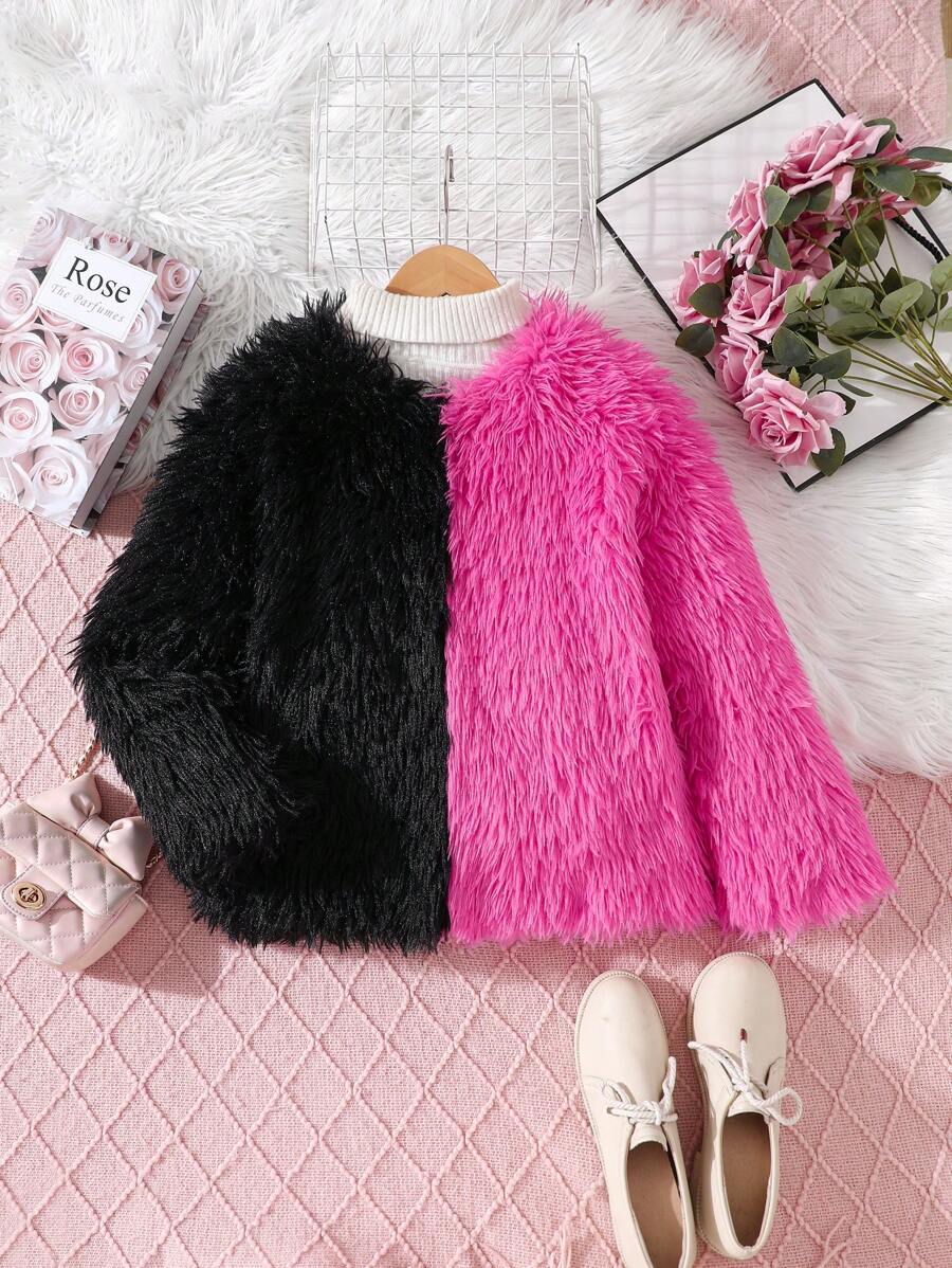 Tween 女童红色和黑色拼布连帽毛茸茸休闲夹克适合户外穿着