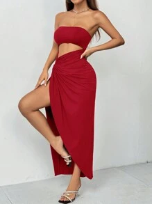 SHEIN PETITE 鏤空扭結前襟大腿開衩高彈力洋裝，適合嬌小女性 - 紅色 - 查看 5
