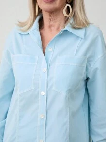 SHEIN LUNE 2 件套女士休闲撞色缝线长袖衬衫和阔腿裤套装，春季/秋季 - 薄荷綠 - 查看 3