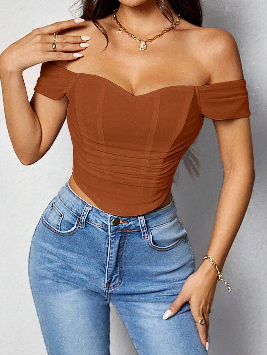 SHEIN PETITE 女士露肩修身精致魅力露背拉链衬衫 - 棕色 - 查看 1