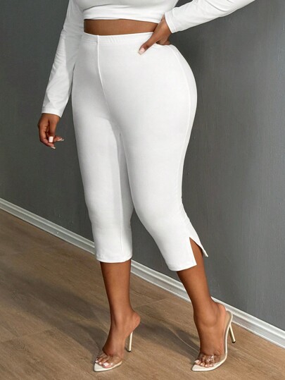 SHEIN SXY Women Plus Curve  Solid Split Cropped Leggings, Casual Elastic Waist Every Day Stretchy Leggings