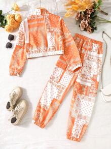 Bộ 2 chiếc/Bộ Áo khoác cổ khóa kéo họa tiết Paisley thường ngày cho bé gái tuổi teen & Quần ống côn thời trang có túi cho trang phục dạo phố - trái cam - Xem 2