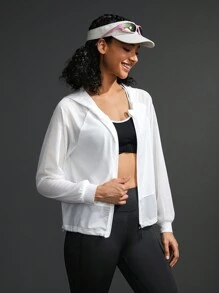 SHEIN 女士纯色插肩长袖拉链门襟休闲运动连帽夹克 - 白色 - 查看 6