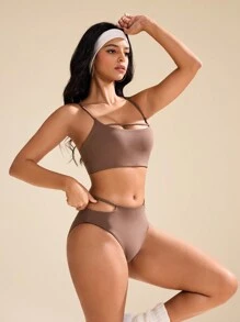 SHEIN Sports Women's Solid Color Minimalist Sports Crop Top And Leggings Set, Summer