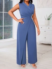 SHEIN Lady Plus Size Women's Blue Sleeveless Wide Leg Jumpsuit With Cross Neck And Pearl Decor Concert Women Outfit Women Jumpsuit Four Seasons Work Outfits For Women Women's Summer Clothes Classy Outfits For Women Office Outfits For Women Work Clothes Women Women Summer Clothes Business Casual Woman Summer Outfits For Women