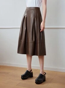 MOTF STUDIO PU 皮革拉链后喇叭中长裙