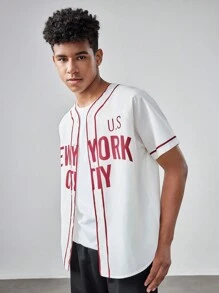 SHEIN Teenager Jungen lässiges Kurzarm T-Shirt mit Webmuster Beschriftung und Baseball Kragen, locker geschnitten