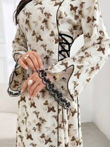 Al Najma 女士蝴蝶印花 V 领优雅长袖阿拉伯朴素连衣裙 - 咖啡棕 - 查看 4