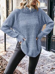 SHEIN LUNE Suéter de cuello alto de mezcla de hilos de colores aleatorios, jersey de punto para otoño e invierno - Azul - Ver 3