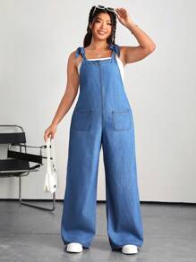 SHEIN EZwear Salopette en jean bleu ample et décontractée pour femme grande taille