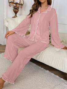 Contrast Binding Ruffle Trim PJ Set / Pajama Set, Fall Winter Clothes - Pink - View 4