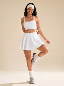 CourtClass CourtClass Women's Solid Color White Minimalist Casual Sports Crop Cami Top & Tennis Skort Set - White - View 6