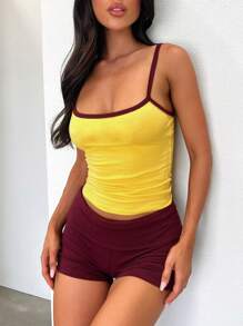 SHEIN BAE Women's Summer Casual Color Block Trim Yellow Camisole Top And Shorts 2Pcs Set - Multicolor - View 3
