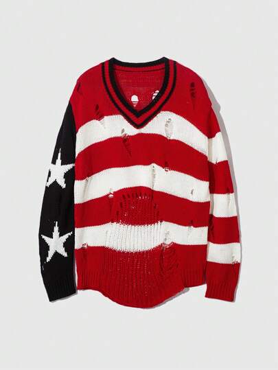 Men's V-Neck Long-Sleeved Striped Design Daily Casual Comfortable Hollow Color Matching Knitted Sweater, School