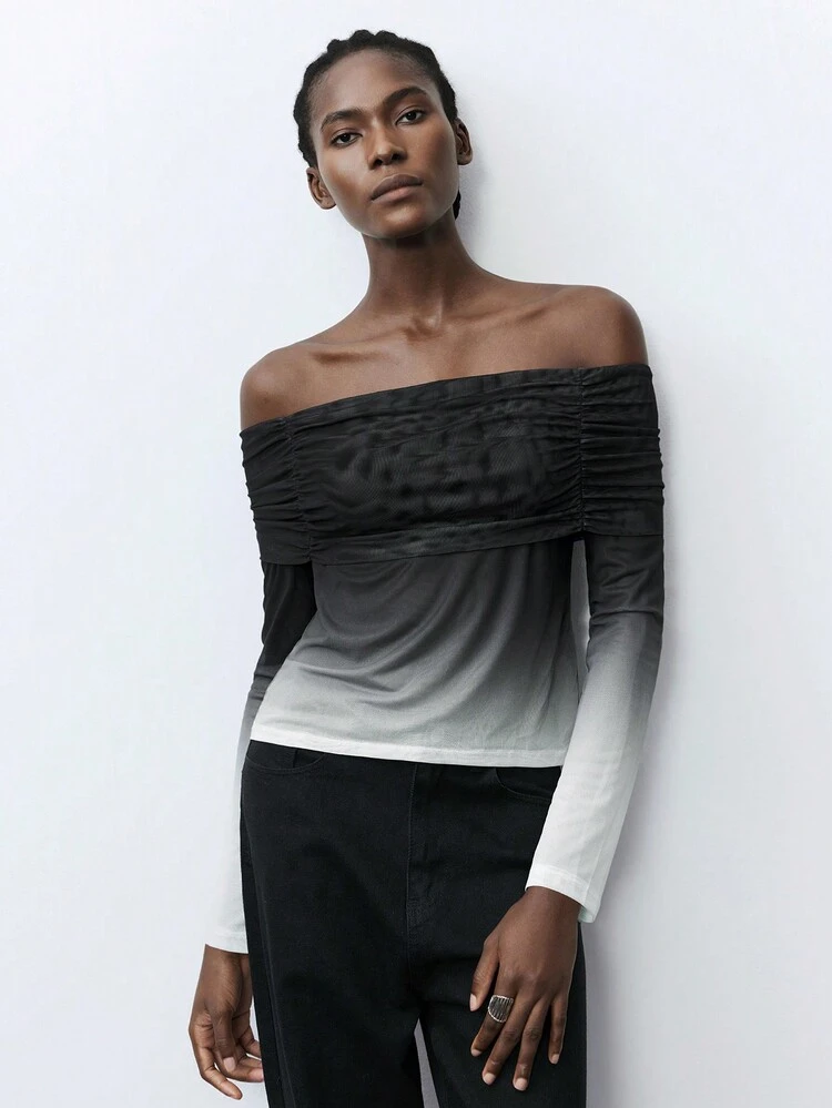 SHEIN Maija Women's Spring And Summer Fashion Off Shoulder Gradient Mesh T-Shirt